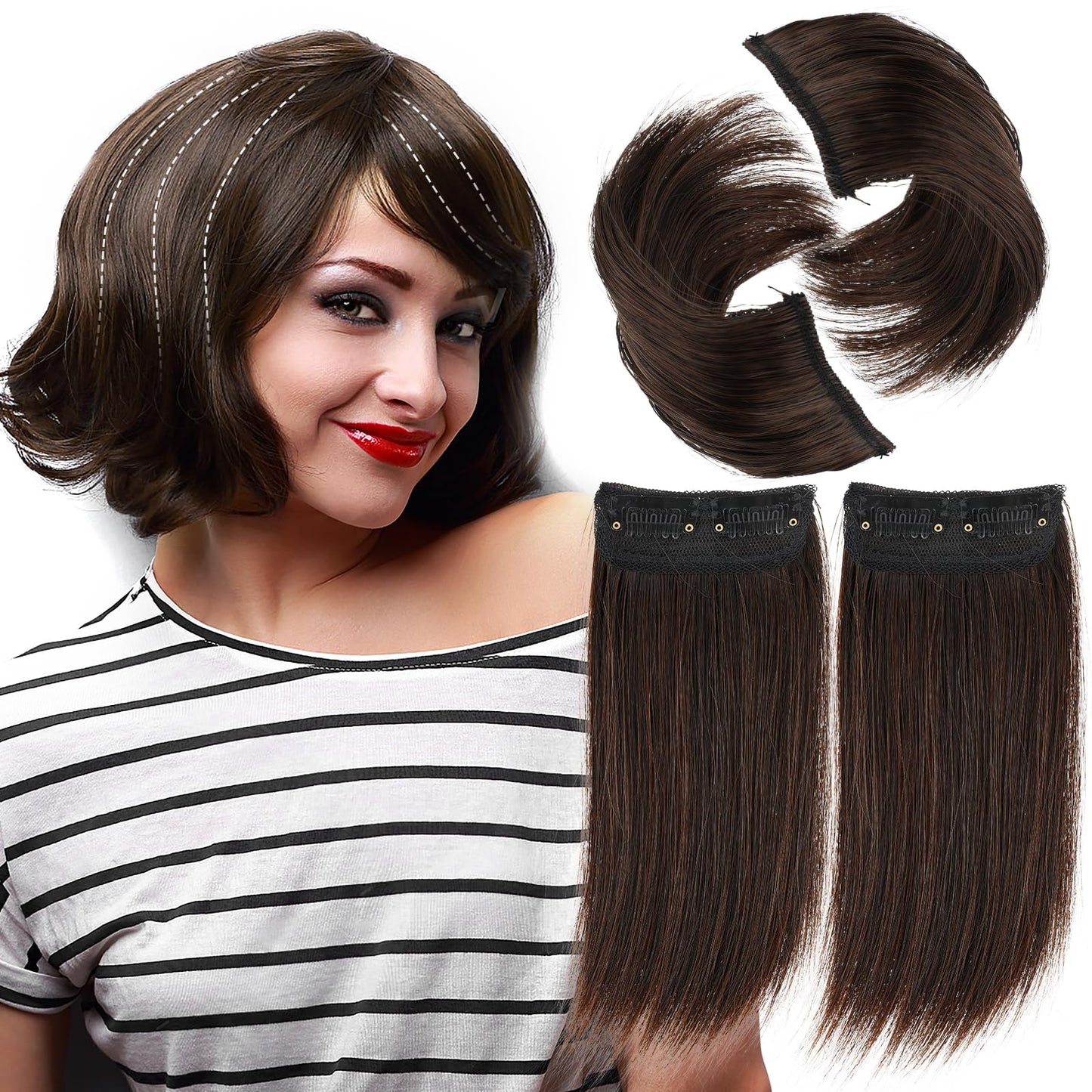 TIESOME Invisible Hair Extensions for Women, 4 Pieces Hair Topper Clips in Thick Hairpieces Adding Hair Volume Synthetic Fiber Hair Pieces 12.5 cm/20 cm 2 Size(Dark brown)
