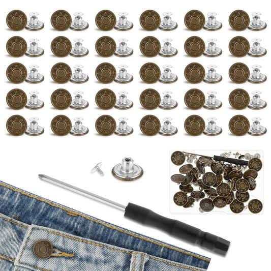 Amabro 30 PCS No Sewing Jeans Buttons Pins, Removable Instant Metal Buttons for Pants Replacement Pant Button Tightener Adjustable Reusable Kit with Threads Rivets and Screwdriver(17mm)