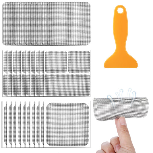 Amabro 30pcs Window Screen Repair Patches, Strong Self-Adhesive Window Screen Door Mesh Repair Kit 3-Layer Fiberglass Replacement Repair Patch with Scraper for Screen Tears Holes Repairing, Gray