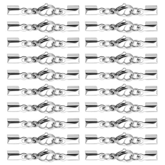 Molain 20pcs Lobster Claw Clasps with Fold Over Cord Ends, DIY Jewelry Making Accessories Set, Stainless Steel Lobster Claw Clasps Buckle Hook Fastener for Pendants Bracelet Necklace Crafts