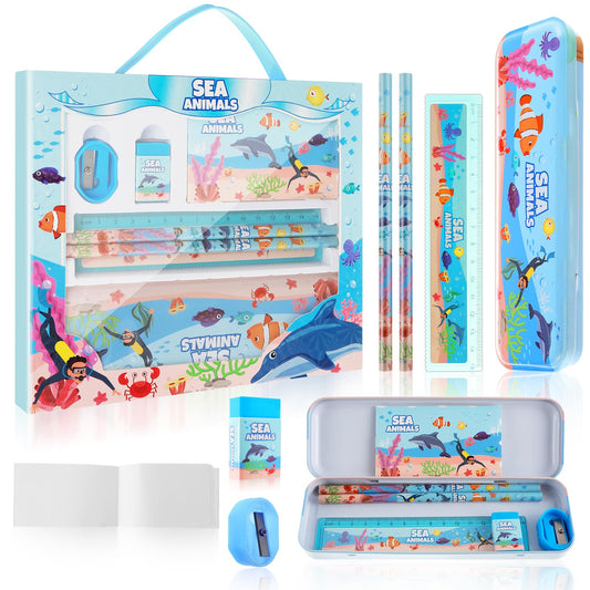 Andibro Cute School Stationery Set, 7Pcs Cartoon Sea Animal World Theme School Supplies Includes Pencils Pen Box Ruler Eraser Pencil Sharpener Mini Note Kawaii Stationery Gifts for Students Kids (B)