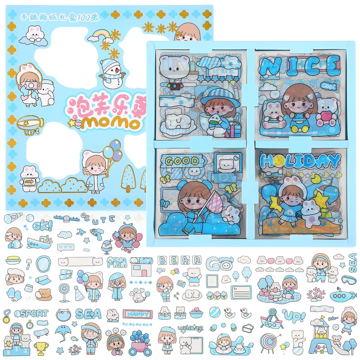 Amaxiu 100 Sheets Kawaii Girls Stickers Kit, Cute Cartoon Rabbit Aesthetic Decal Kawaii Transparent Decorative Sticker for Scrapbook Planner Journals DIY Crafts