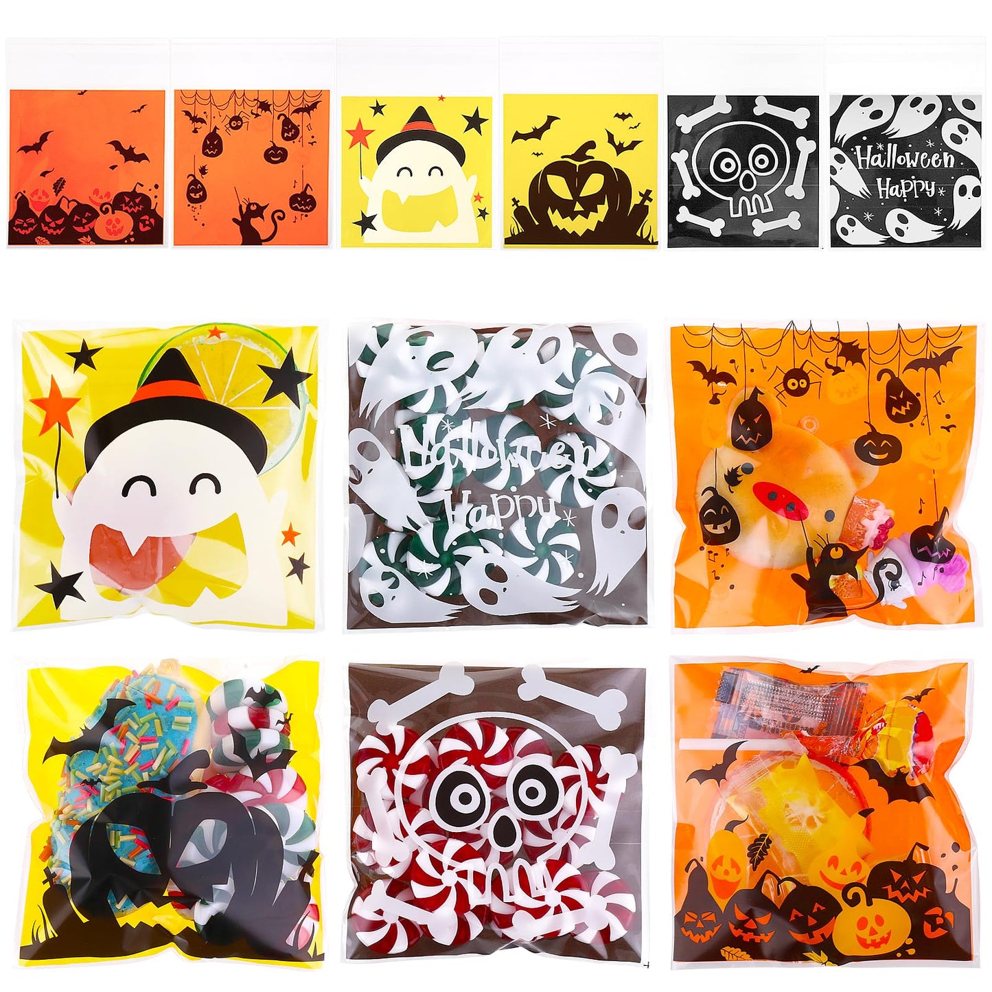 Amaxiu 300 Pcs Halloween Treat Bags, 6 Cute Style Candy Bags Clear Trick or Treat bags Self Adhesive Plastic Bags Bulk for Halloween Party Favor Supplies Gift(A)