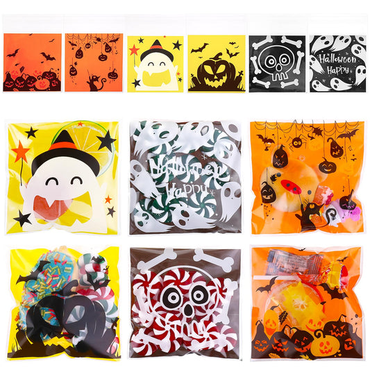 Amaxiu 300 Pcs Halloween Treat Bags, 6 Cute Style Candy Bags Clear Trick or Treat bags Self Adhesive Plastic Bags Bulk for Halloween Party Favor Supplies Gift(A)