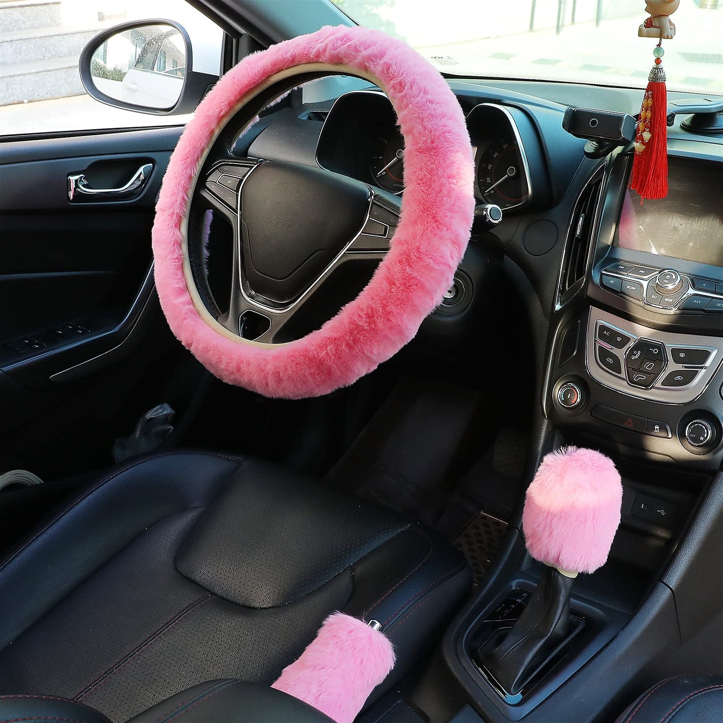 Cobee Furry Car Steering Wheel Cover + Fluffy Gear Shift Cover + Soft Fluffy Handbrake Cover, Warm Non-Slip Fuzz Universal Car Interior Decorations for Men/Women Car SUV Truck(Pink)