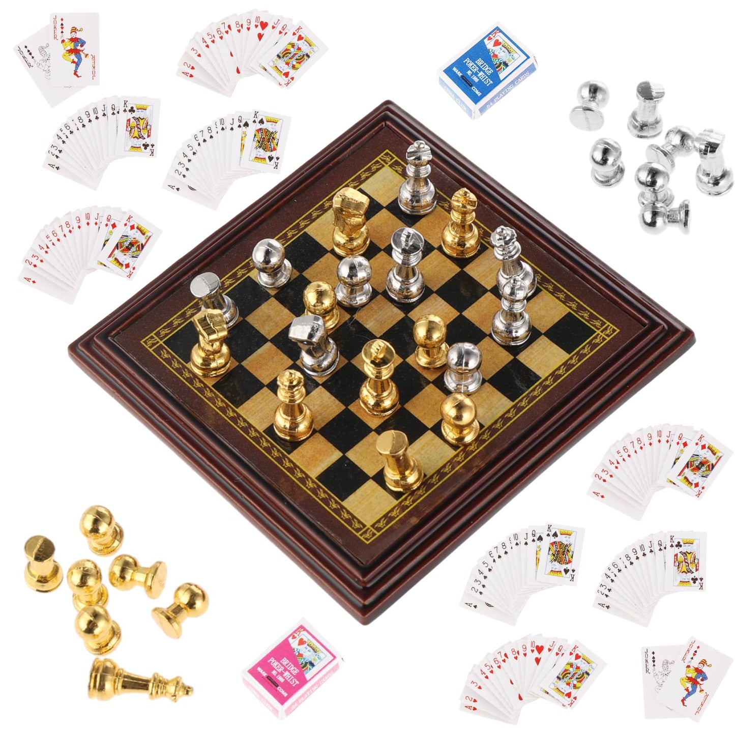 TIESOME Miniature Dollhouse International Chess Set,2Decks Mini Playing Card with 4 Playing Card Case, Mini Chess Board with 32Pcs Miniature Chess 1:12 Dollhouse Furniture Accessories for Pretend Play