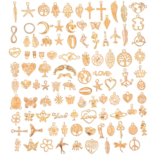 JIEYAO Gold Charms for Jewelry Making, Mixed Tibetan Antique Golden Pendants Bulk Lots Jewelry Making Charms Mini Metal Charms Pendant Aesthetic Earring Charms for DIY Necklace Bracelet Crafting