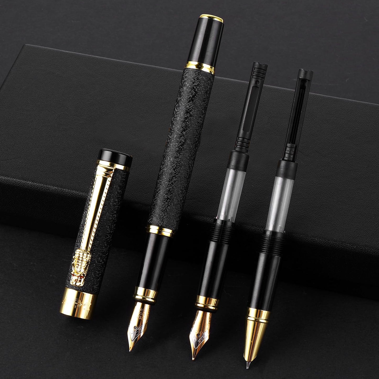 cobee Metal Fountain Pen with 3 Different Nibs Set, Luxury Fountain Pen Includes Medium, Extra Fine Point, Bent Nib Calligraphy Writing Pen Frosted Finish Business Pen for Men Women(Black)