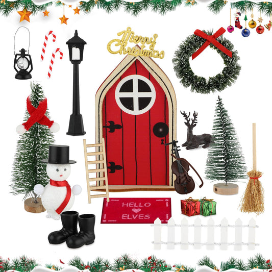 Amaxiu 22 PCS Christmas Miniature Elf Door Set, Xmas Dollhouse Gnome Door Decoration Santa Miniature Ornament Mini Fairy Door Dollhouse Accessories for Christmas Party Favor Gift