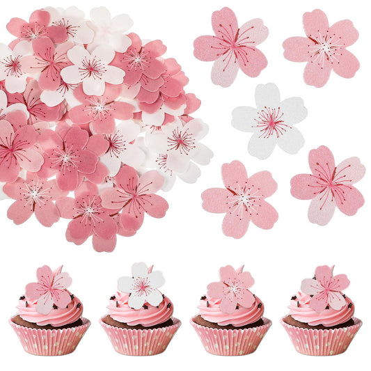 MBAIYO 60 Pcs Edible Cherry Blossoms Cupcake Toppers, Flowers Cake Toppers Wafer Paper Flowers Cupcakes Edible Decorations for Wedding Themed Party Birthday Cake Decoration
