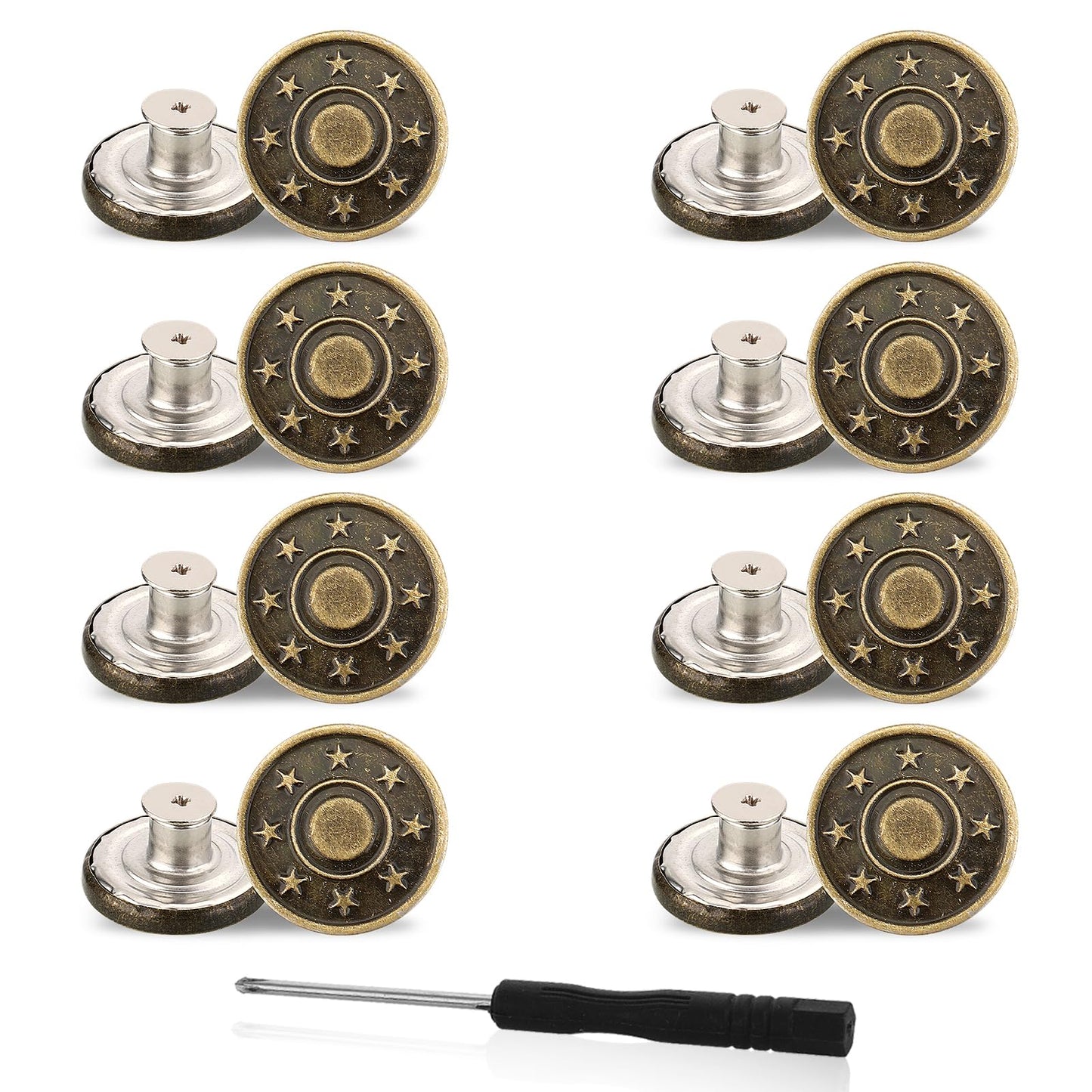 GEEHUA 8PCS Adjustable Replacement Buttons, No Sew Nailess Removable Metal Button Jeans Buttons Repair Combo Thread Rivets and Screwdrivers for Any Cowboy Clothing Jackets Pants(20mm)