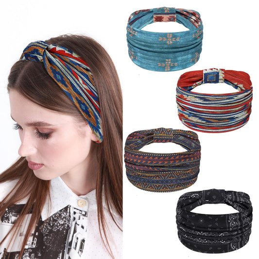 MBAIYO Pack of 4 Wide Headbands, Knotted Headband for Women, Elastic Soft Boho Hair Bands, Non-Slip Bandanas, Print Hair Accessories, Vintage Knot Headband for Women, Yoga, Sports, Travel