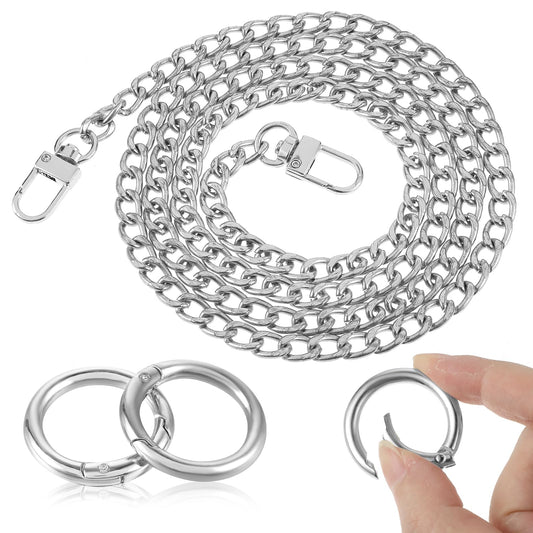 Amabro Replacement Purse Chain Strap Handbag Flat Chains with Metal Buckles 47.2“Shoulder Straps Chains DIY Bag Making Crafts(Silver)