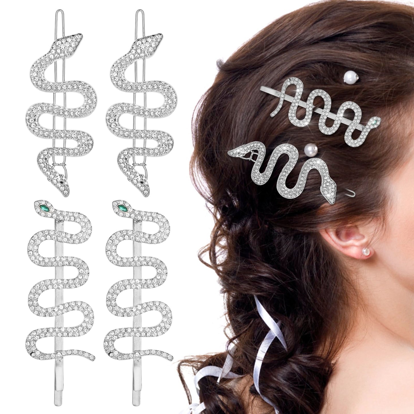 Amabro 4PCS Snake Hair Clips, Rhinestone Snake Hair Pins Sparkly Crystal Snake Hair Barrettes Alloy Vintage Snake Headpiece Hair Jewelry Accessories for Women Girls Headdress