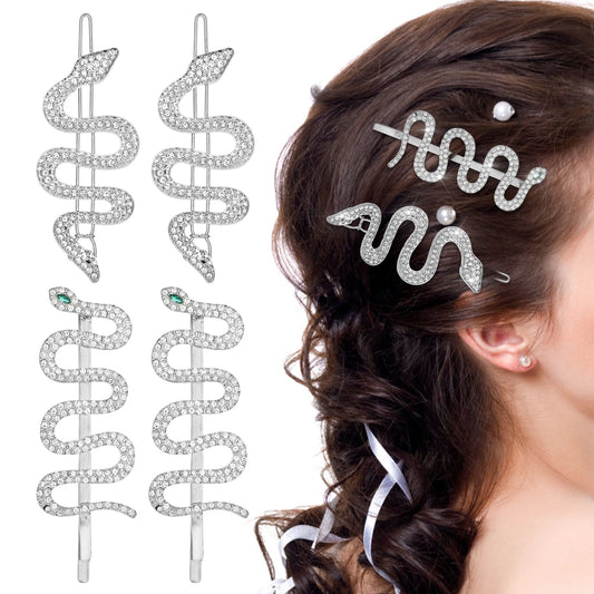 Amabro 4PCS Snake Hair Clips, Rhinestone Snake Hair Pins Sparkly Crystal Snake Hair Barrettes Alloy Vintage Snake Headpiece Hair Jewelry Accessories for Women Girls Headdress
