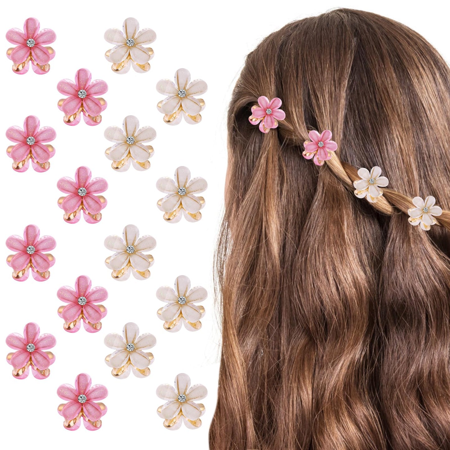 cobee 16PCS Flower Hair Clips, Crystal Rhinestone Petal Hair Clip Small Hair Clips Mini Hair Claw Clips Fashion Hair Accessories for Women Girls Birthday and Wedding Party Daily (Beige, Pink)