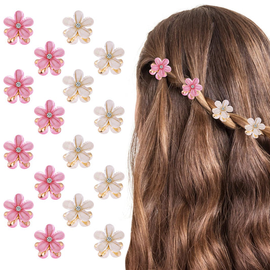 cobee 16PCS Flower Hair Clips, Crystal Rhinestone Petal Hair Clip Small Hair Clips Mini Hair Claw Clips Fashion Hair Accessories for Women Girls Birthday and Wedding Party Daily (Beige, Pink)
