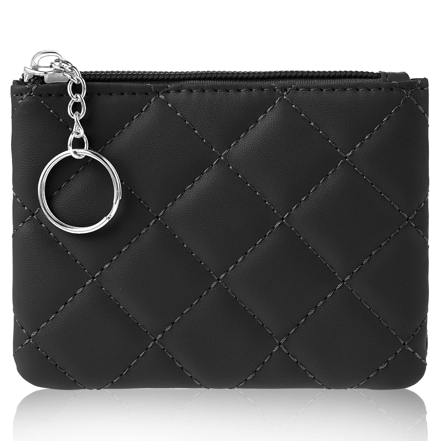 TIESOME Coin Purse, Rhombus Embroidery PU Zipper Coin Purse Portable Wallet Short Ladies Coin Purse Zippered Keychain Mini Coin Bag for Women & Men Coin Wallet (Black)