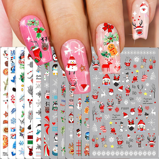 Bewudy 12 Sheets Christmas Nail Art Stickers, Holiday Nail Decal Stickers for Women Girls Kids, Self-Adhesive Snowflake Santa Claus Reindeer Snowman, Nail Design for Nail Art Decoration
