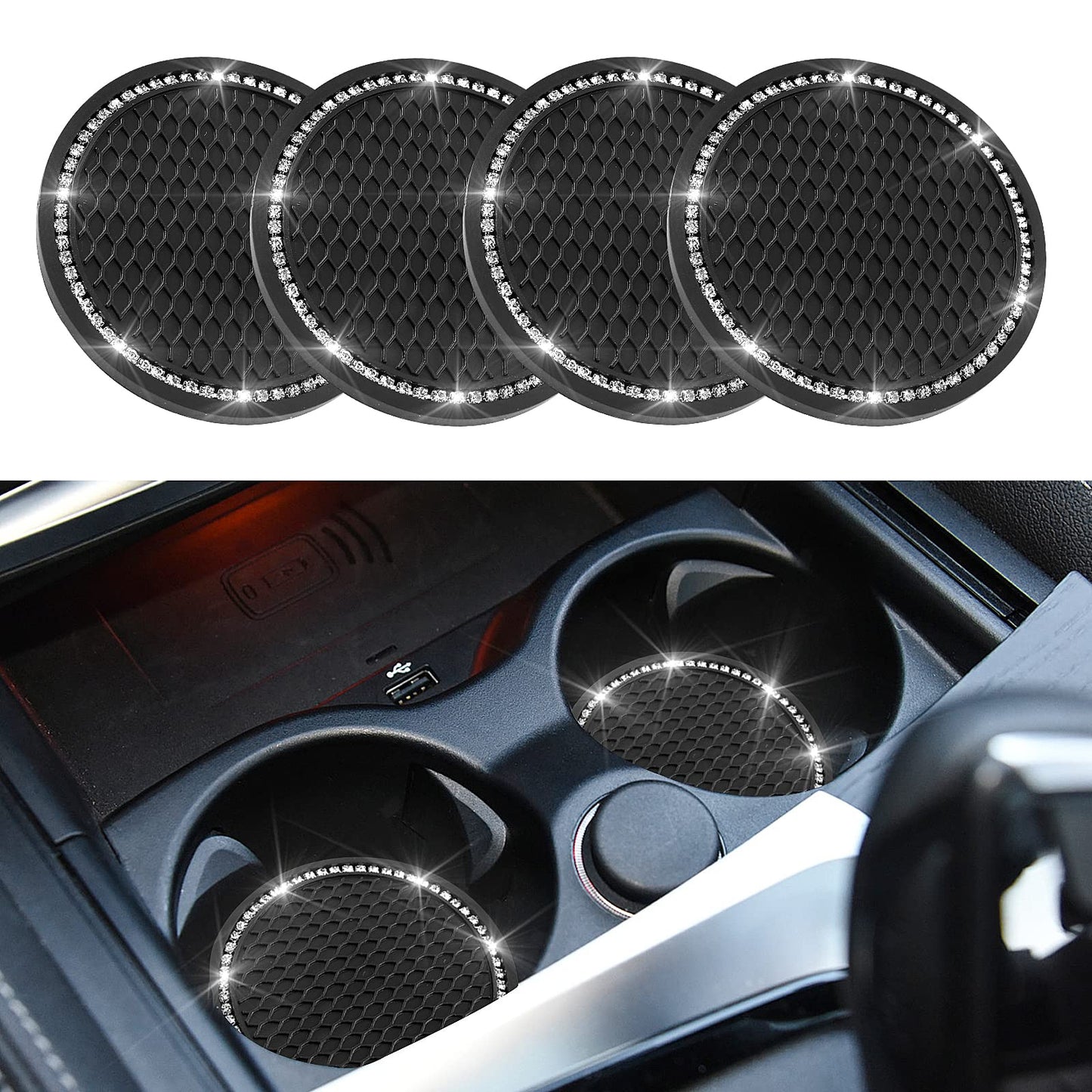 cobee Bling Car Cup Coaster, 4pcs Rhinestone Anti Slip Silicone Car Insert Coaster Popular Car Cup Holder Insert Coaster Crystal Rhinestone Car Coaster Insert Coaster Car Interior Accessories (Black)