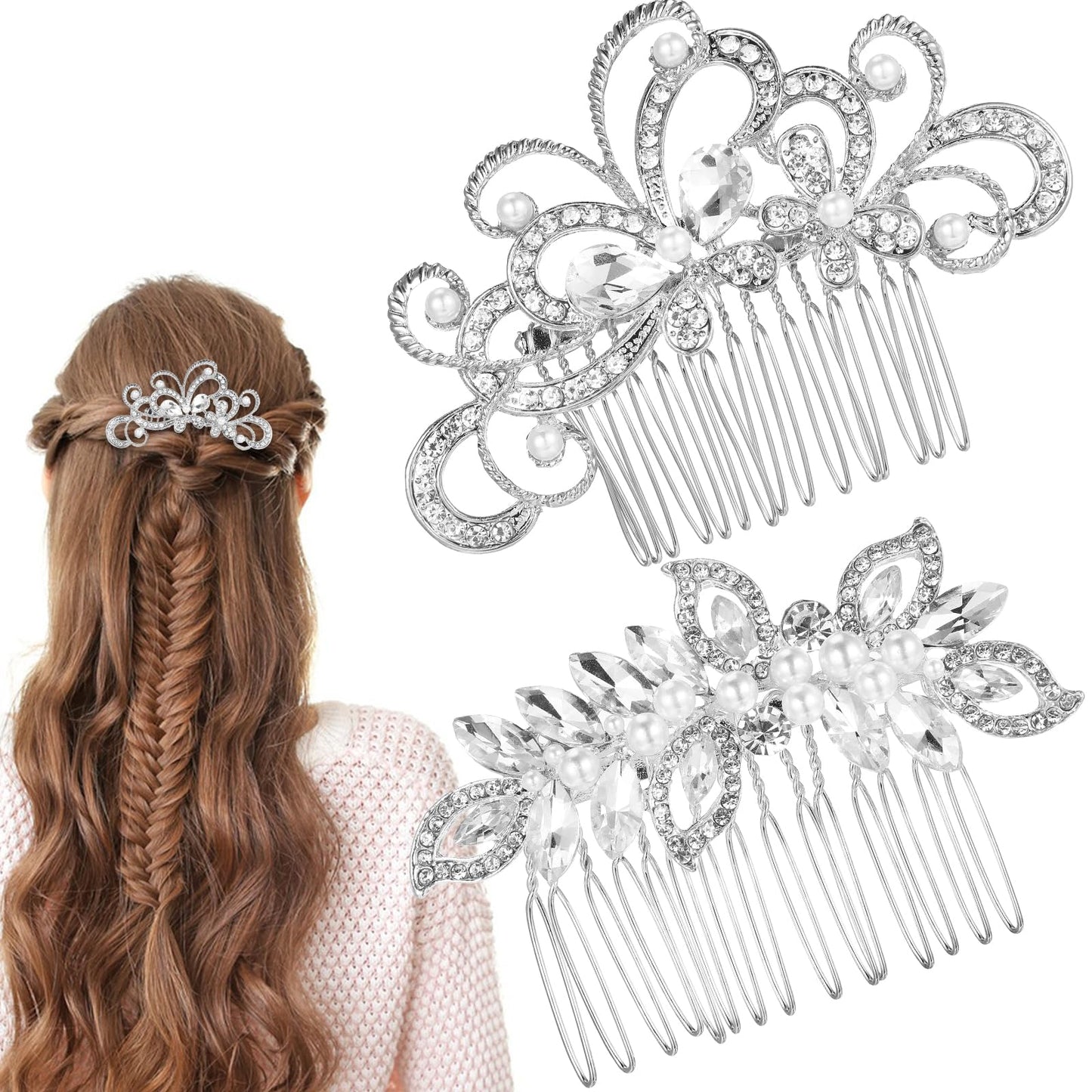 Yuanchu 2 Pcs Bridal Hair Combs Silver Rhinestone Crystal Leaves Wedding Hair Comb for Women and Girls