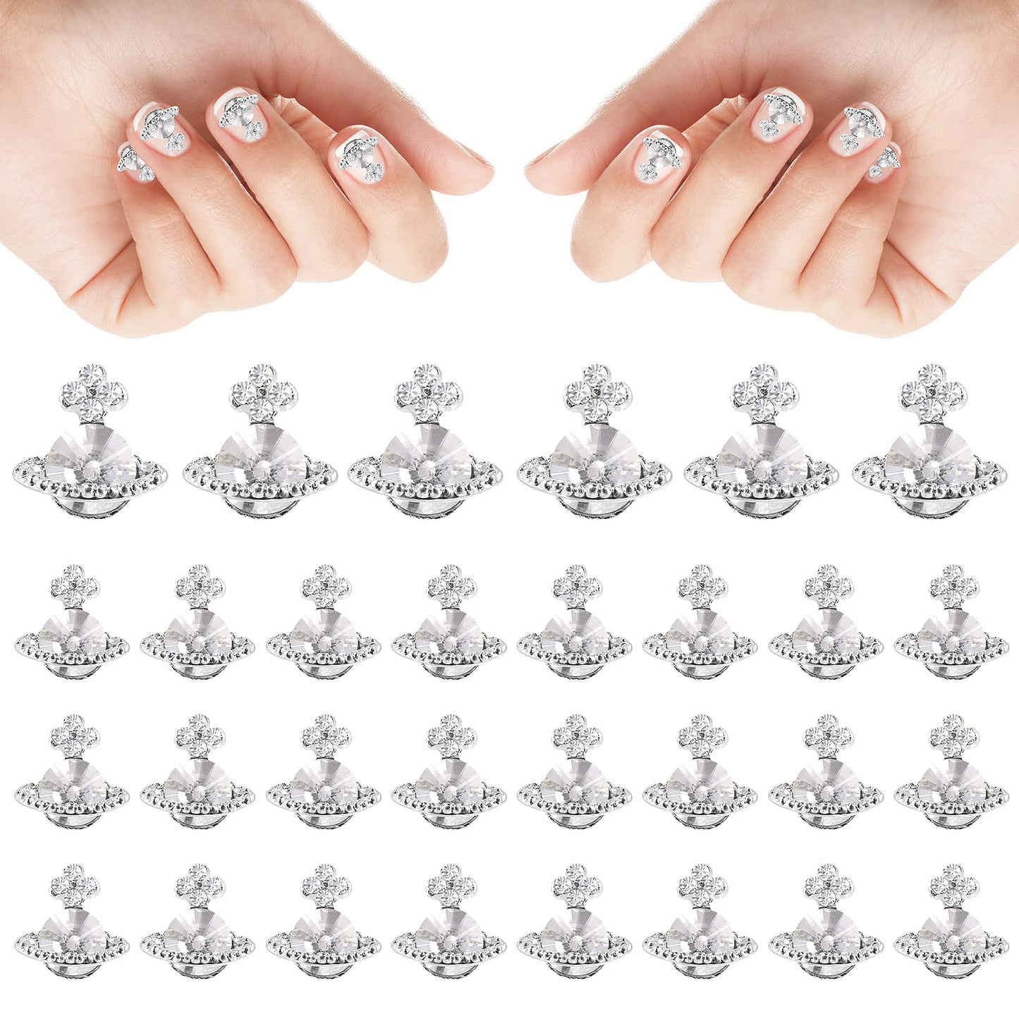 TIESOME 20Pcs Planet Nail Charms, 3D Nail Rhinestones Nail Art Zircon Alloy Manicure Jewelry Cute Glitter Nail Accessories for Women Girls Nail Decorations (White)