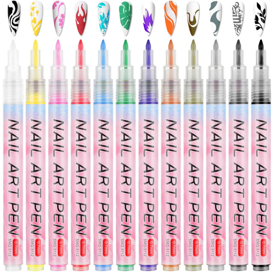 Amaxiu Nail Art Drawing Pen, 12 Colors Nail Art Pens Set Waterproof Nail Polish Pen Quick Dry Nail Art Graffiti Painting Pen DIY Abstract Lines Detail Pen Manicure Polish Tools(0.7mm, Plastic Pen Nib)