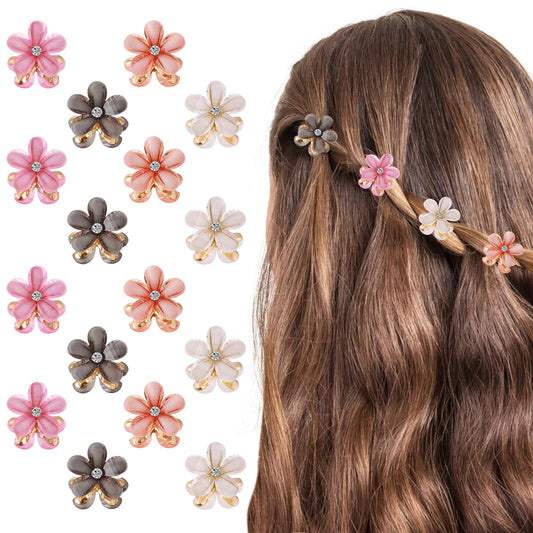 cobee 16PCS Flower Hair Clips, Crystal Rhinestone Petal Hair Clip Small Hair Clip Mini Hair Claw Clip Fashion Hair Accessories for Women Girl Birthday Wedding Party Daily (Black, Beige, Pink, Orange)