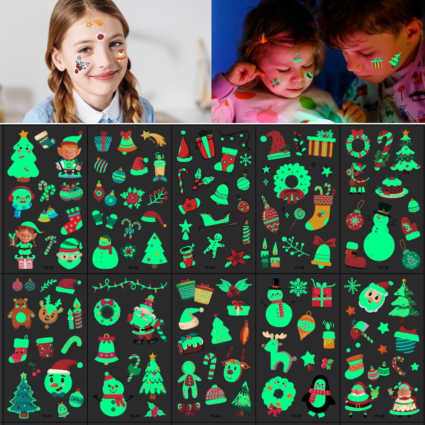 TIESOME Christmas luminous Temporary Tattoos for Kids, 10 Sheet Glow in Dark Tattoo Stickers Stocking Stuffers Xmas Party Favors Christmas Stocking Fillers for Christmas Gifts Party Decorations(B)
