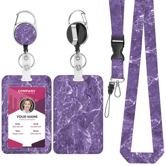 Amaxiu Marble ID Badge Holder with Detachable Lanyard and Retractable Reel, Name Tag Holder Holding 2 Cards Hard Credit Cards Protector Office Supplies (Purple Marble)