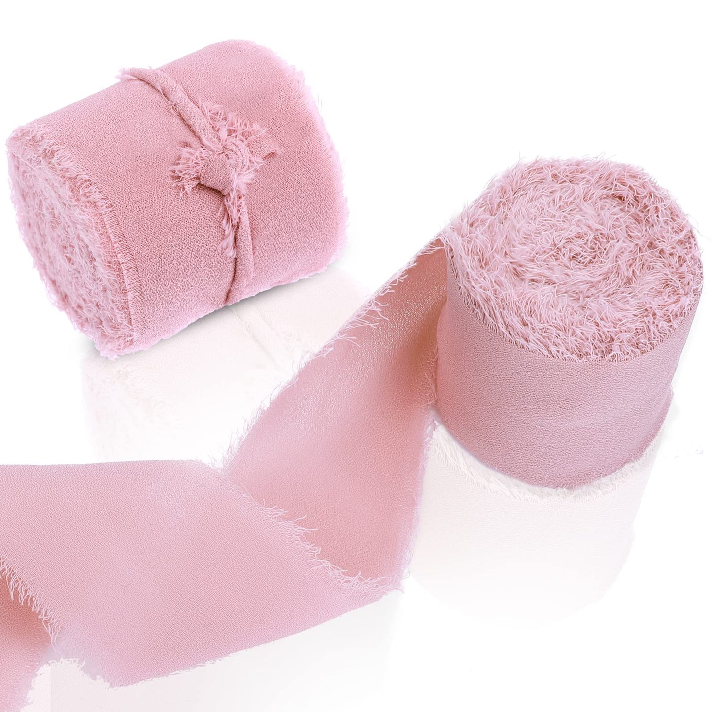 cobee Chiffon Ribbons, 2 Rolls 1.5" x 5.5 Yard Handmade Fringe Chiffon Silk Ribbons Frayed Edges Ribbons Fabric Boho Ribbon for Gift Wrapping Wedding Invitations Flower Arrangement Decoration(Pink)