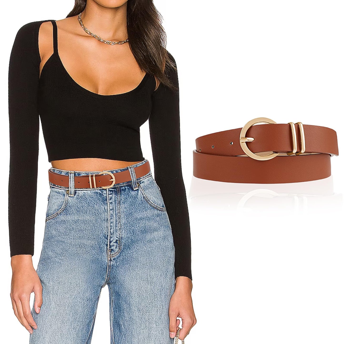 Amaxiu Leather Belts for Women, Women Belts for Jeans Dresses Ladies Waist Belt with Fashion Gold Buckle Brown Black Belt(Brown)