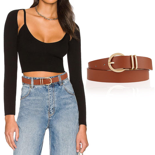 Amaxiu Leather Belts for Women, Women Belts for Jeans Dresses Ladies Waist Belt with Fashion Gold Buckle Brown Black Belt(Brown)