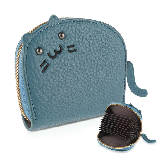 AOZUO Cute Cat Card Holder Women, Credit Card Holder Women, Mini Wallet Women's Cute Coin Purse with 11 Compartments Zip Made of PU Leather Cat Motif Purse Change Bag Credit Card Holder, blue, Cute