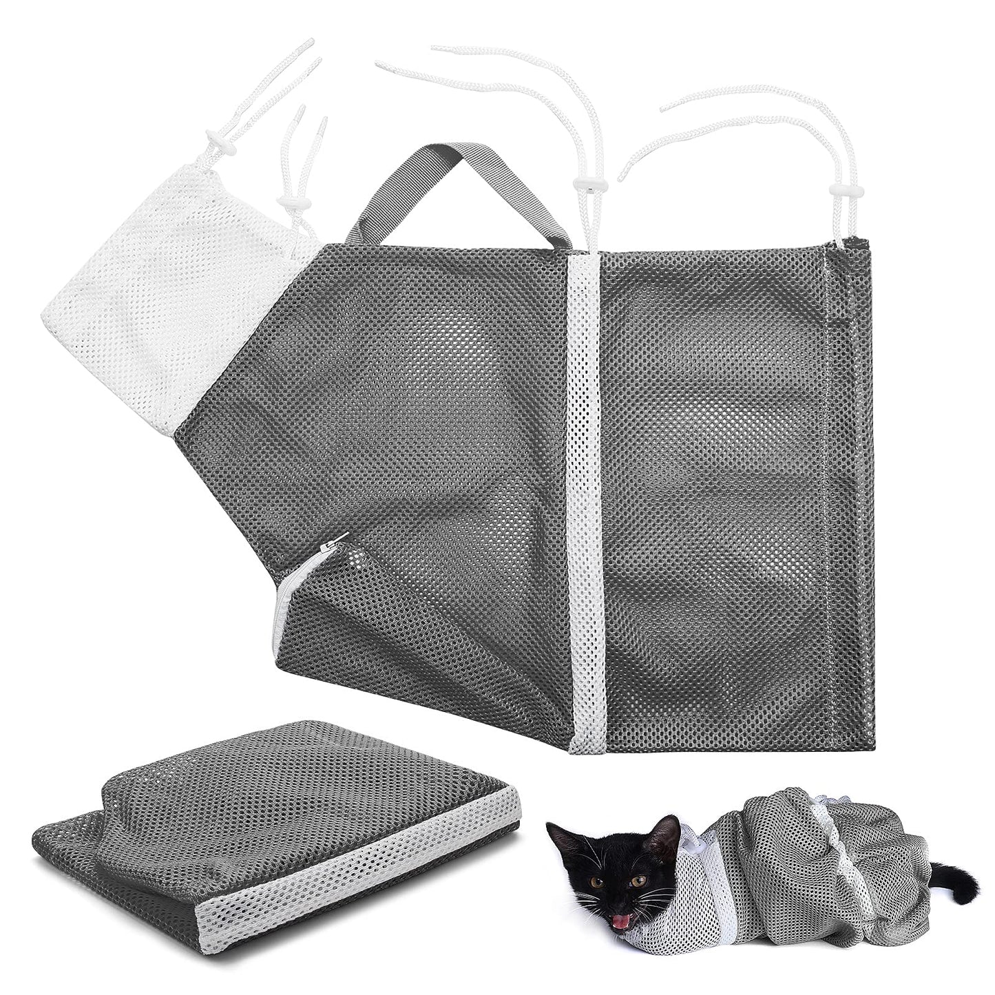 Molain Cat Shower Net Bag Cat Grooming Bathing Bag Adjustable Cat Washing Bag Multifunctional Cat Restraint Bag Prevent Biting Scratching for Bathing Nail Trimming (Grey)