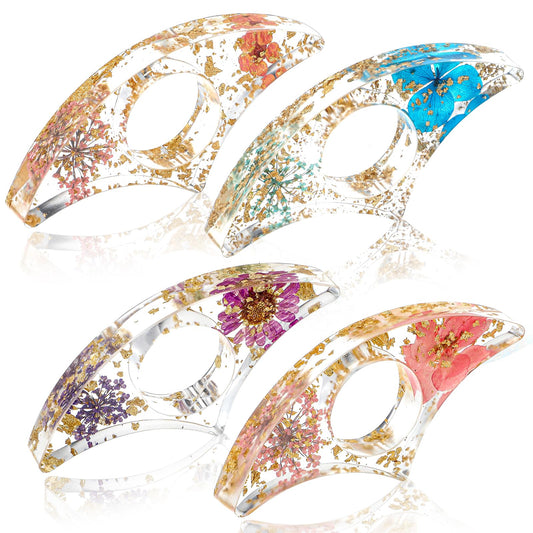 AOZUO Pack of 4 Book Page Holders with Dried Flowers, Transparent Page Holder for Books, Book Holder, Finger Thumb Ring, Glittering, Handmade, Personalised Thumb Bookmark with Floral Pattern