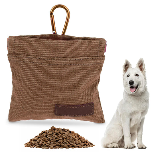 Jeffdad Canvas Dog Treat Pouch, Portable Puppy Dog Training Treat Pouch with Carabiner, Hands-Free Auto Closing Pet Snack Reward Pocket, For Pet Training Travel or Outdoor Use (Khaki)