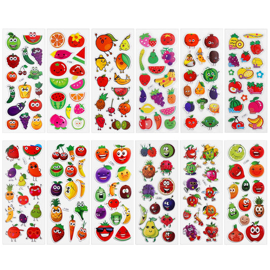 cobee 3D Puffy Stickers for Kids, 12 Sheets Foam Vegetable Fruit Stickers Colored Kids Sticker for Scrapbooking Teacher Reward Sticker DIY Decoration Decal for Boys Girls Craft