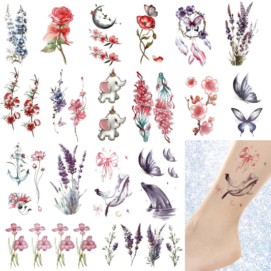 Jeffdad 18 Sheets Flowers Temporary Tattoos Stickers, Large Watercolor Floral Fake Tattoos Realistic Long Lasting Fake Tattoo Stickers Waterproof Tattoos For Women Adult Body Art