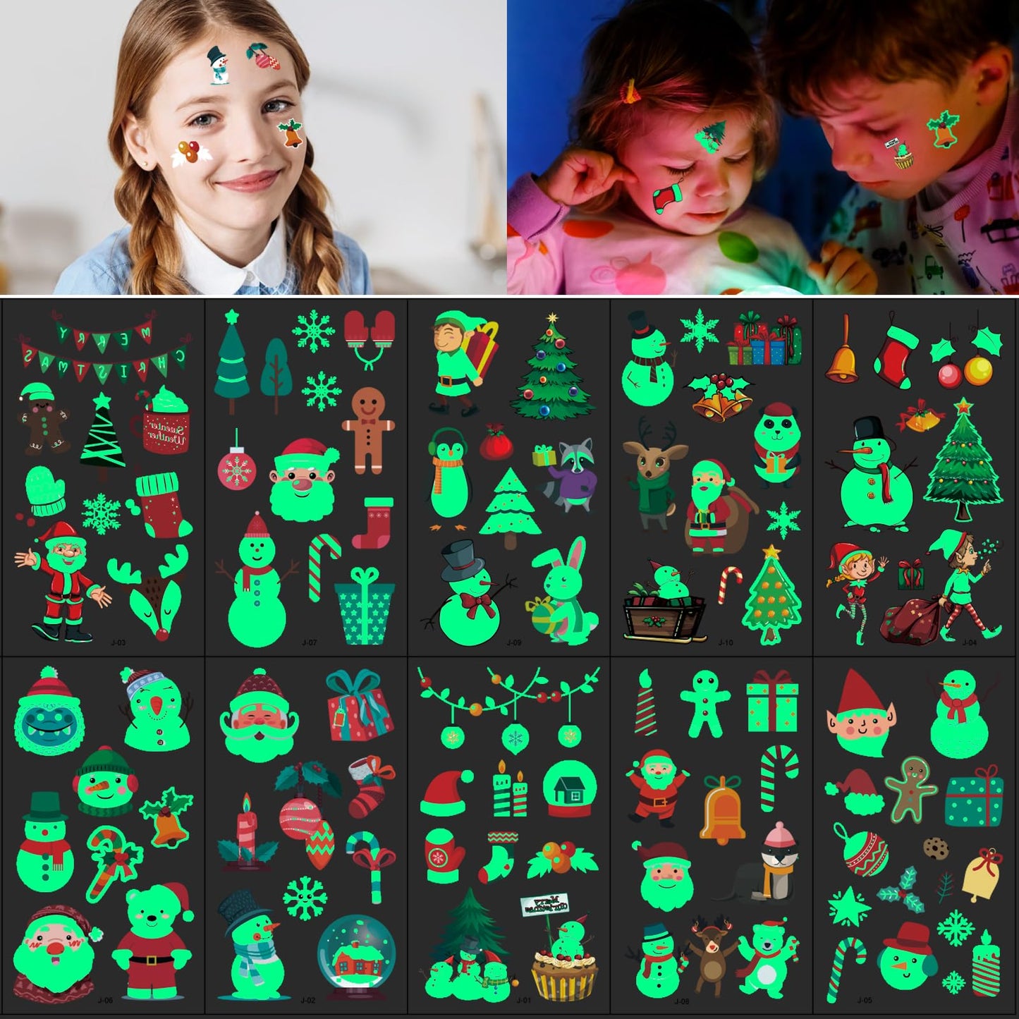TIESOME Christmas luminous Temporary Tattoos for Kids, 10 Sheet Glow in Dark Tattoo Stickers Stocking Stuffers Xmas Party Favors Christmas Stocking Fillers for Christmas Gifts Party Decorations(A)