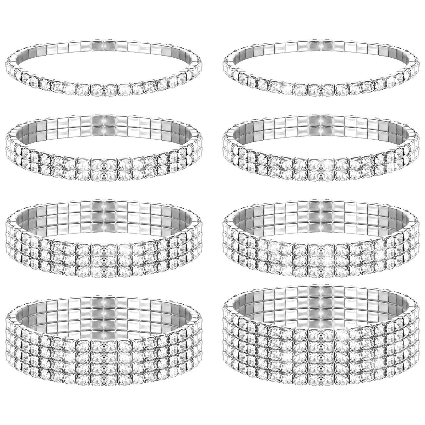 GEEHUA 8Pcs Rhinestone Bracelets, Stackable Rhinestones Stretch Bangle Crystal Silver Sparkl Bridal Bracelet Tennis Bracelet Set Bling Wedding Bangles for Women Brides Prom Party(Silver)