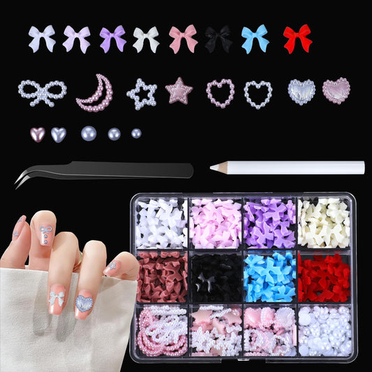 Molain 500 Pcs 3D Nail Charms, Multicolor Mix Shapes Bow Art Nail Charms Heart Star Cute Pearl Nail Gems Charms Resin Decorations with Tweezers Pickup Tool DIY Jewelry Gift Accessories for Girls Women