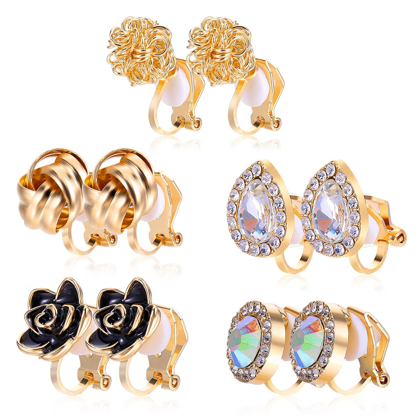 TIESOME 5 Pairs Non-Pierced Classical Earrings Set - Lightweight, Adjustable Clip-On Earrings for Women & Girls - Gift