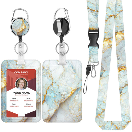 Amaxiu Marble ID Badge Holder with Detachable Lanyard and Retractable Reel, Name Tag Holder Holding 2 Cards Hard Credit Cards Protector Office Supplies (White Gold Marble)