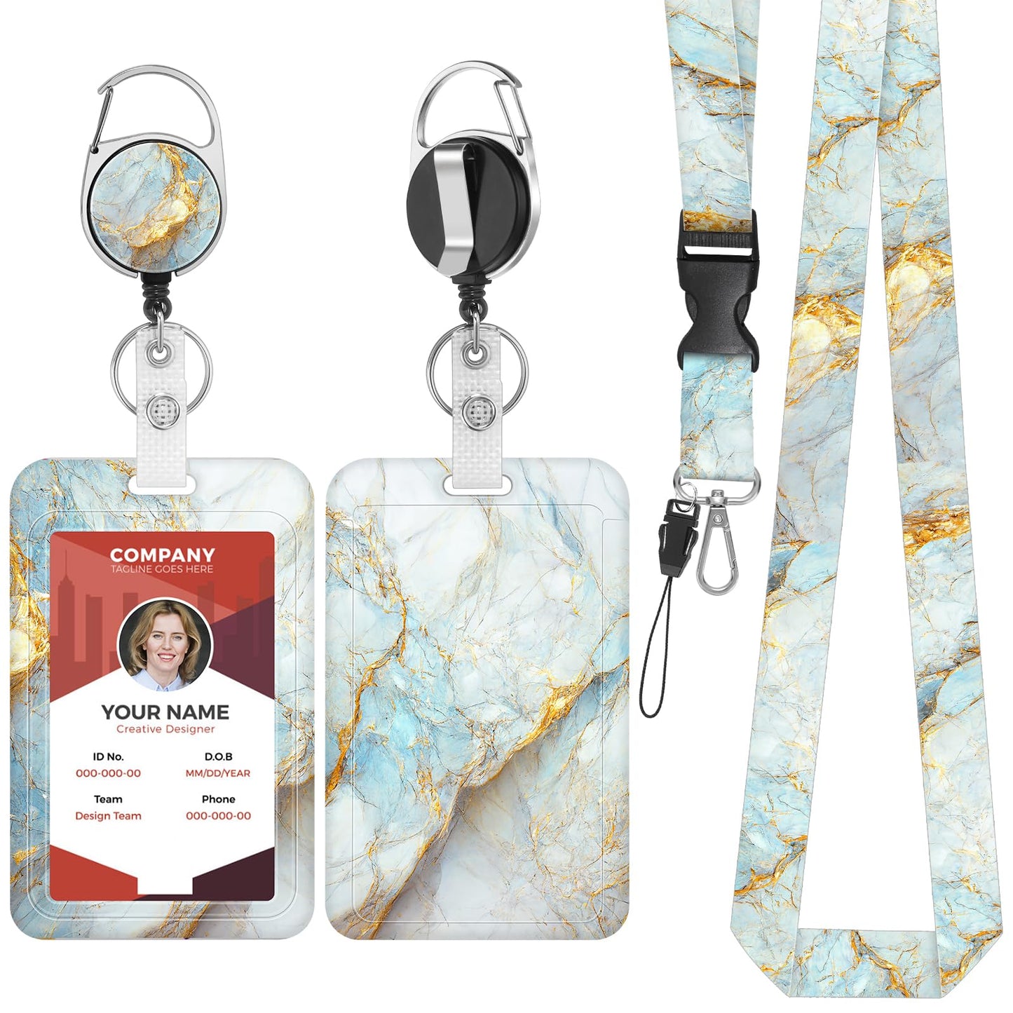 Amaxiu Marble ID Badge Holder with Detachable Lanyard and Retractable Reel, Name Tag Holder Holding 2 Cards Hard Credit Cards Protector Office Supplies (White Gold Marble)