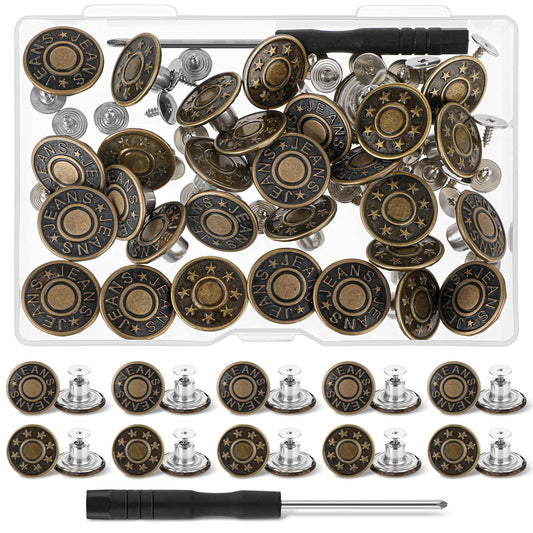 Amabro 30PCS Adjustable Jeans Buttons, No Sew and Reusable DIY Instant Pants Button Replacement Buttons for Skirt Jeans Trousers(17mm)