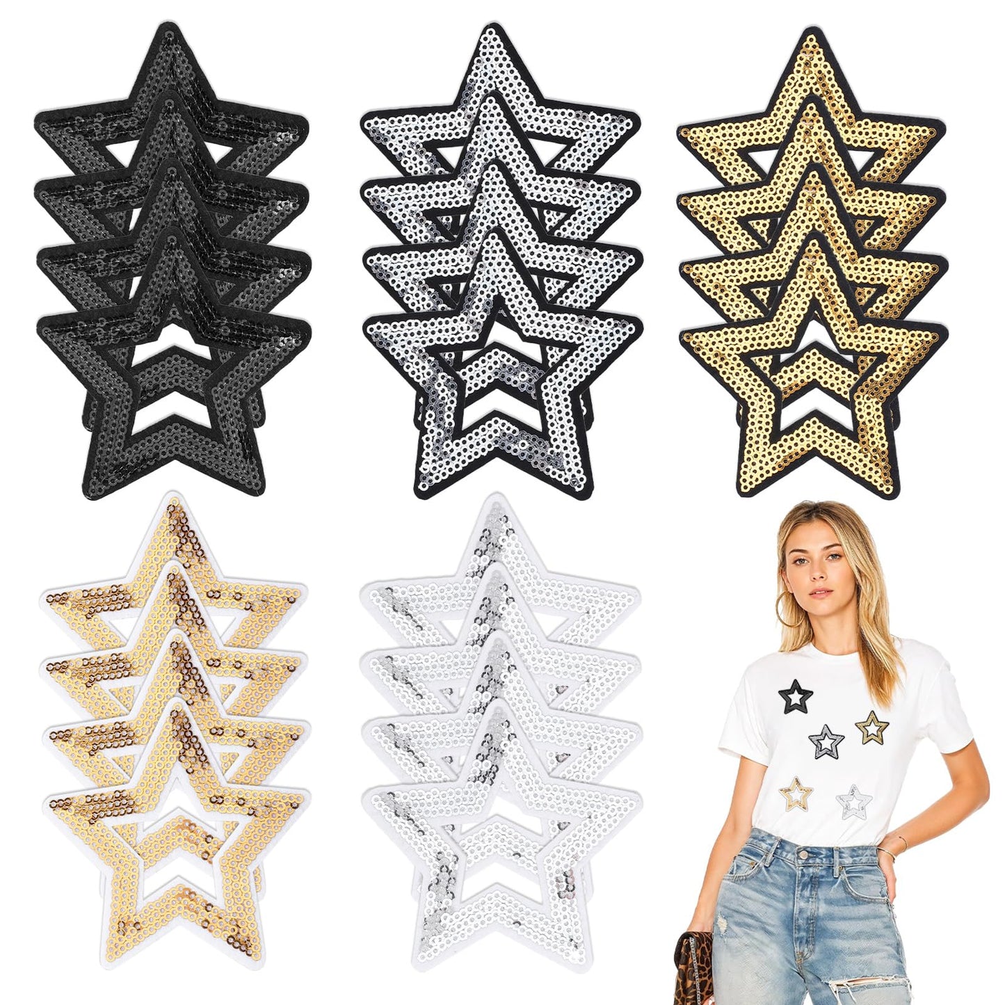 DOPENSPI 20 Pcs Hollow Star Iron on Patches, 5 Colors Glitter Embroidered Appliques Shiny Iron on Patches Repair Patch for Clothing Repair Jeans Bags Hats DIY Accessory