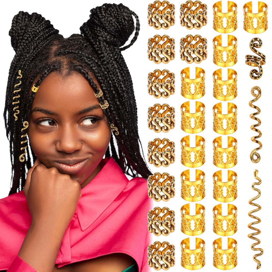 AOZUO 28pcs Gold Dreadlocks Hair Accessories, Adjustable Metal Cuffs, Festival Hair Accessories, Gold Dreadlocks Beads, Braided Hair Jewelry, Hair Beads for Braiding for Braiding