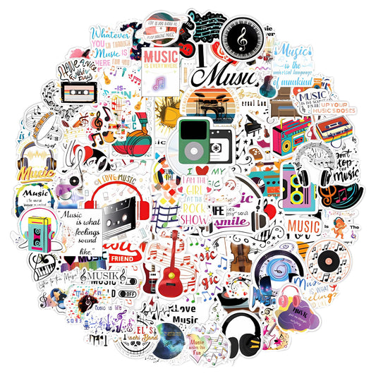 Bewudy 100 Pcs Music Stickers Guitar Stickers, Funny Music Stickers for Kids, Waterproof Vinyl Motivational Music Note Stickers, Aesthetic Stickers for Water Bottle Laptop Skateboard