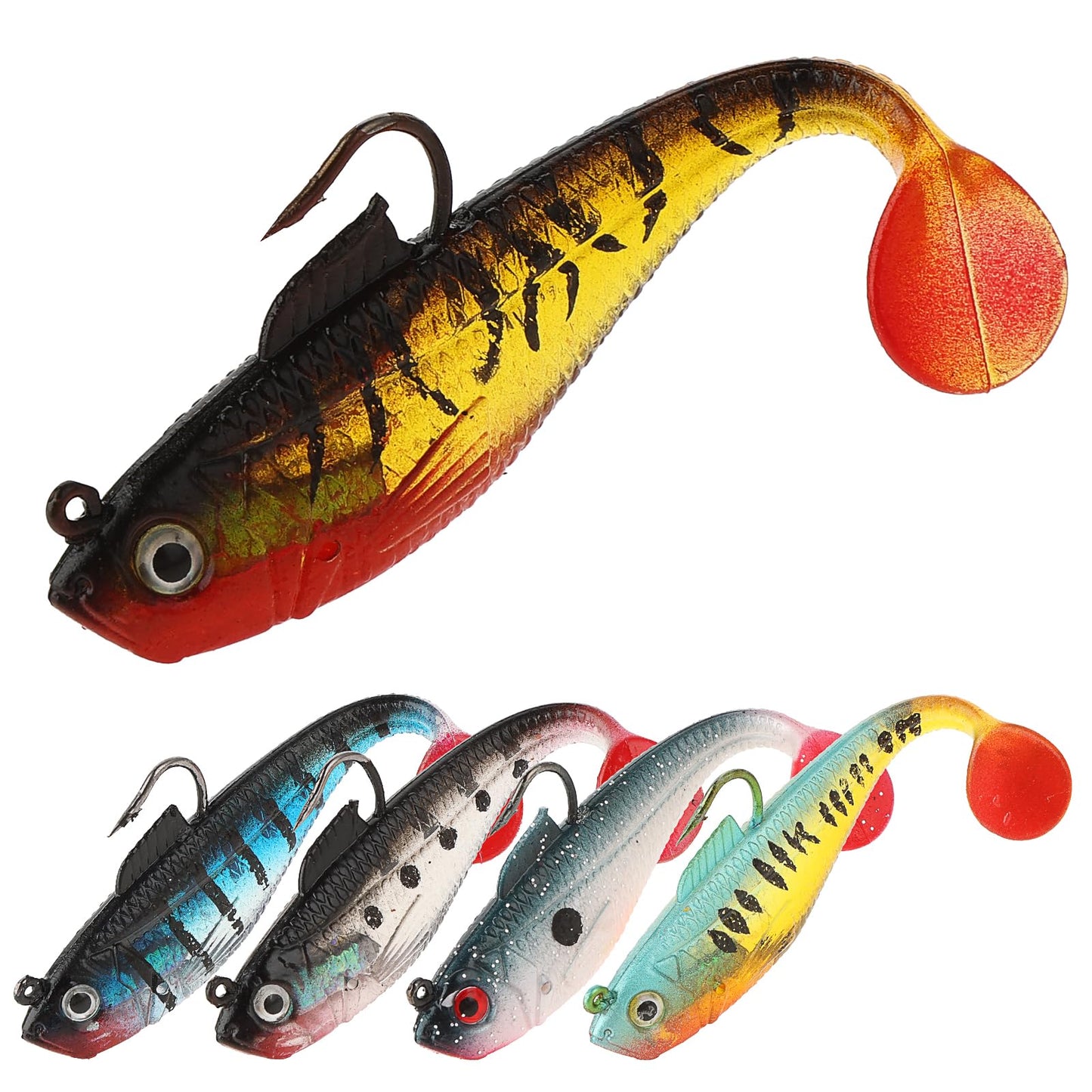 TIESOME Realistic Soft Fishing Lures for Bass,5Pcs Silicone Paddle Tail Swimbait for Seabass Pre-Rigged Jig Head Fishing Lure for Predatory Fish Freshwater Saltwater 3.2in-0.32oz/4.3in-0.86oz(8cm)